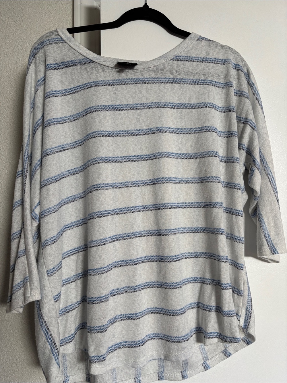 bobeau White Top with Blue and Gray Stripes